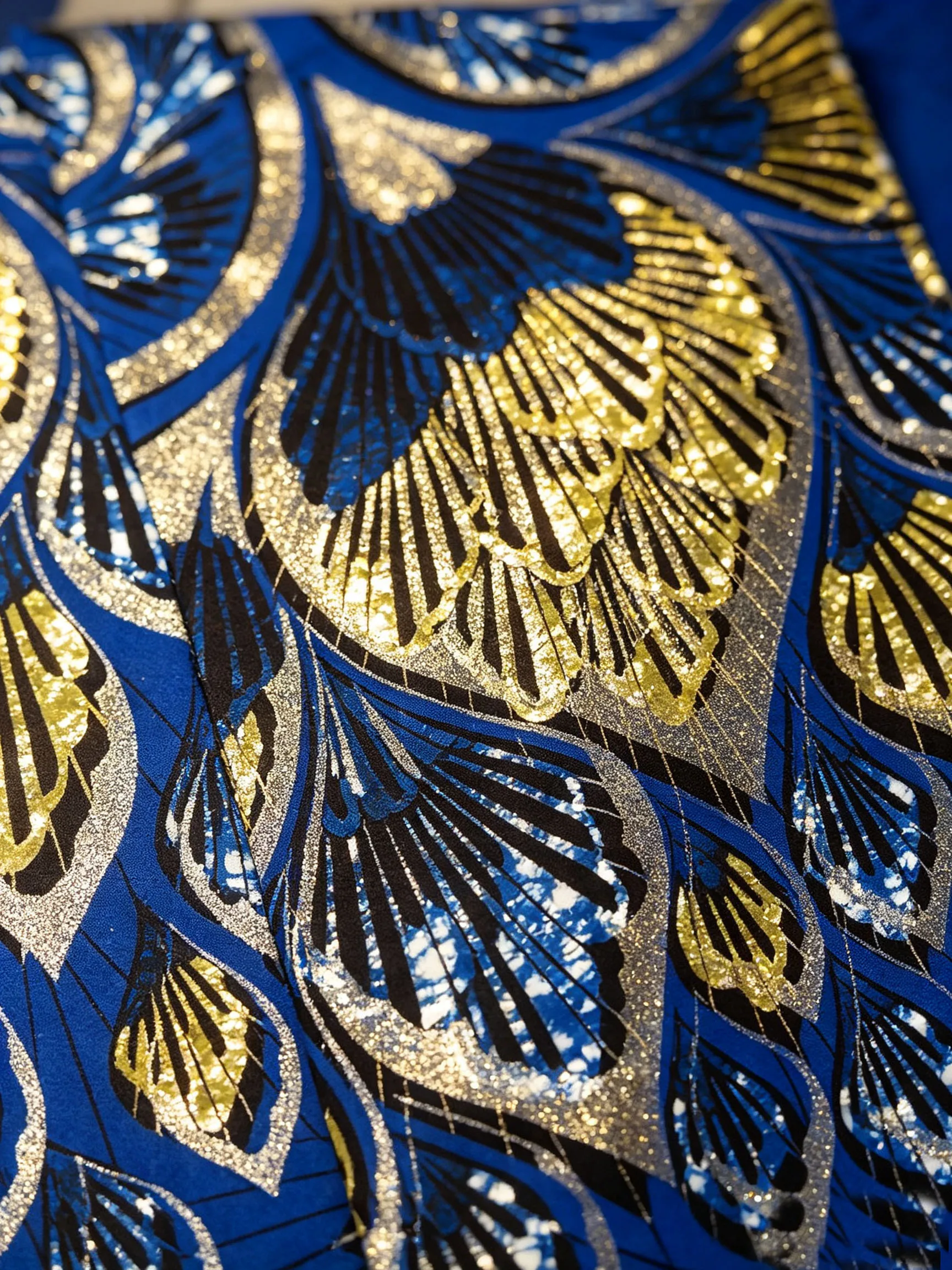 Royal Blue African Ankara Wax Fabric Gold Glitter Peacock Feather Print 6Yards Cotton Batik Cloth For Women Dress Sewing Pagne view 2