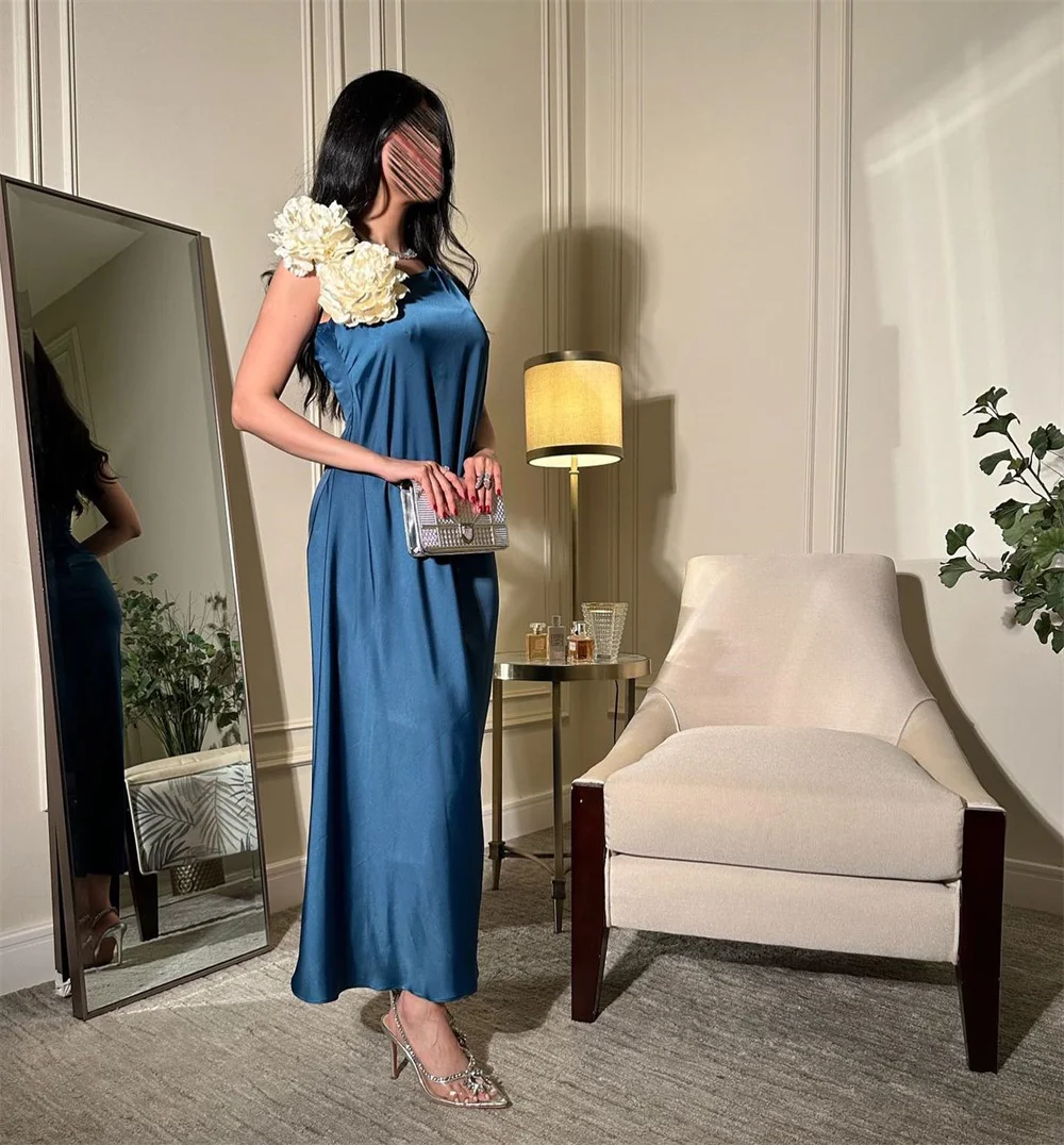 Customized Saudi Arabia Formal Gown Dearin Shoulder Girdle A-line Ankle Length Skirts Draped Applique 3D Flower Sleeveless Bespo image 5
