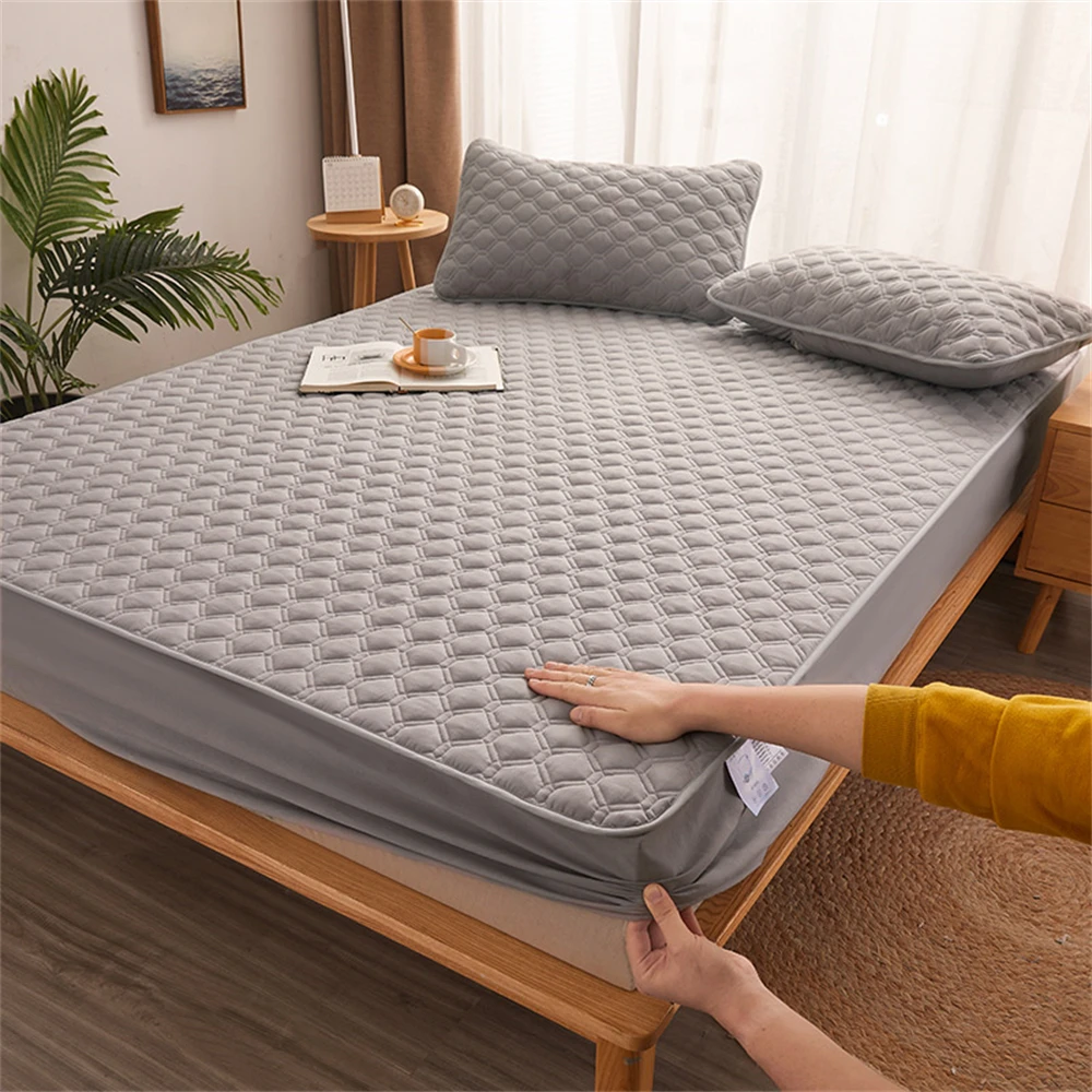 1PC A-Class Antibacterial Fitted Sheet Quilted Bed Cover Solid Color Bedspread Mattress Protective Cover Queen King Size Bedding