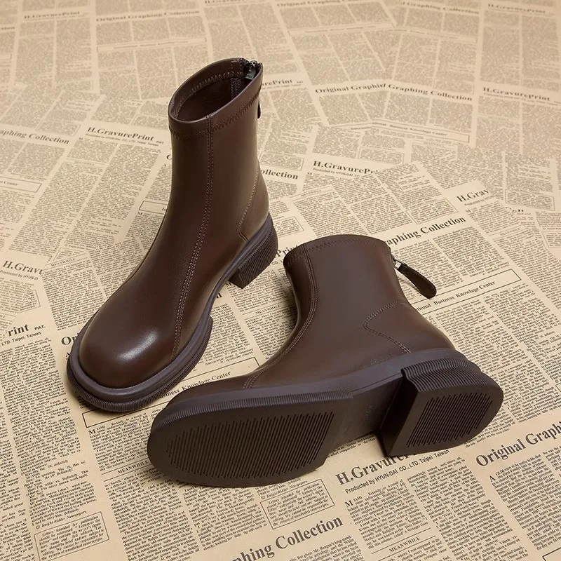 

Женская обувь 2025 года, лаконичные современные женские ботинки, классические ботильоны, женская уличная обувь с круглым носком на среднем каблуке с молнией сзади, женская обувь