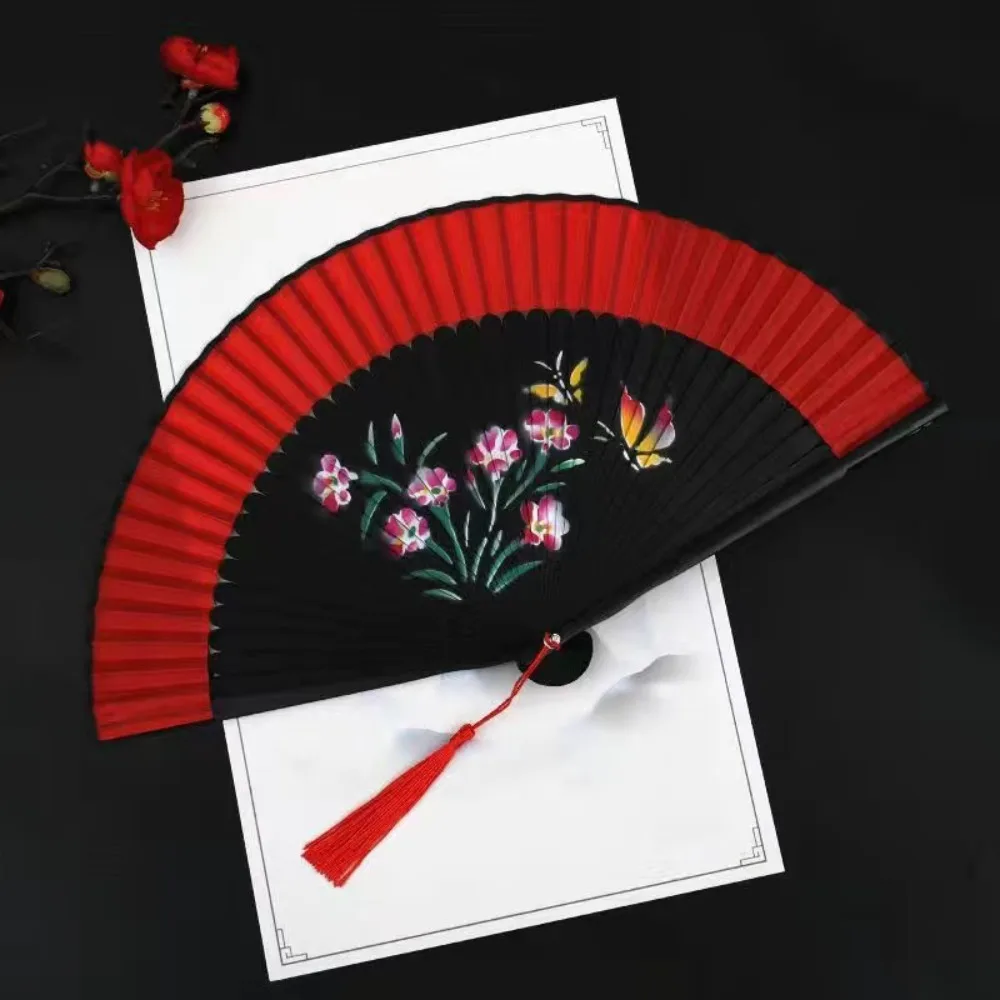 

Chinese Style Blossom Printing Folded Fan Portable Exquisite Tassel Folding Fan with Tassel Classical Elegant Handheld Fans