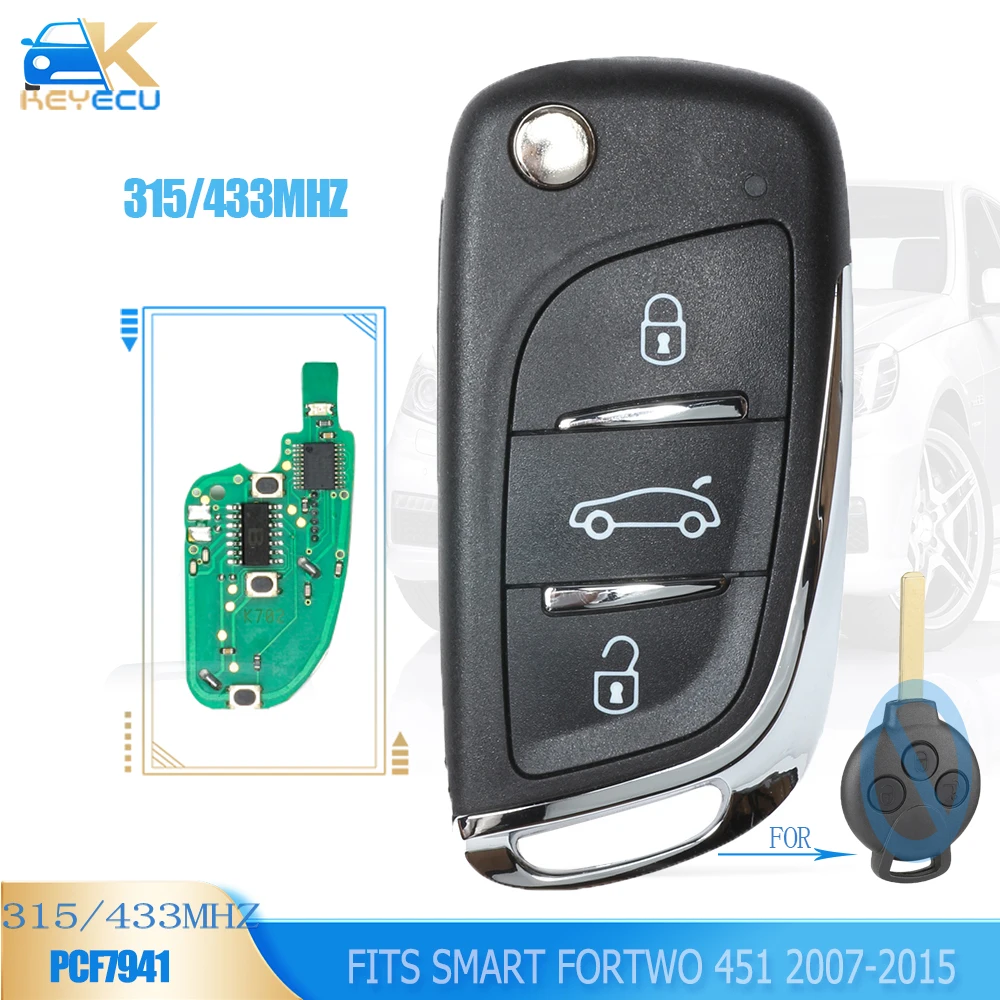 

KEYECU Upgraded Flip Remote Car Key Fob 3 Button 315MHz / 433MHz Optional PCF7941 for Benz Smart Fortwo 451 2007-2015