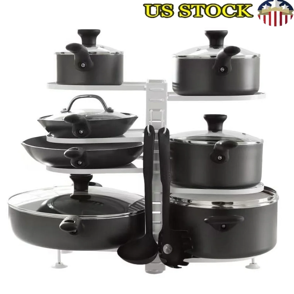 

Pots Pans Organizer 8 Adjustable Shelves Sturdy Steel Rack Easy Assembly No Tools Required Versatile Storage Solution Kitchen