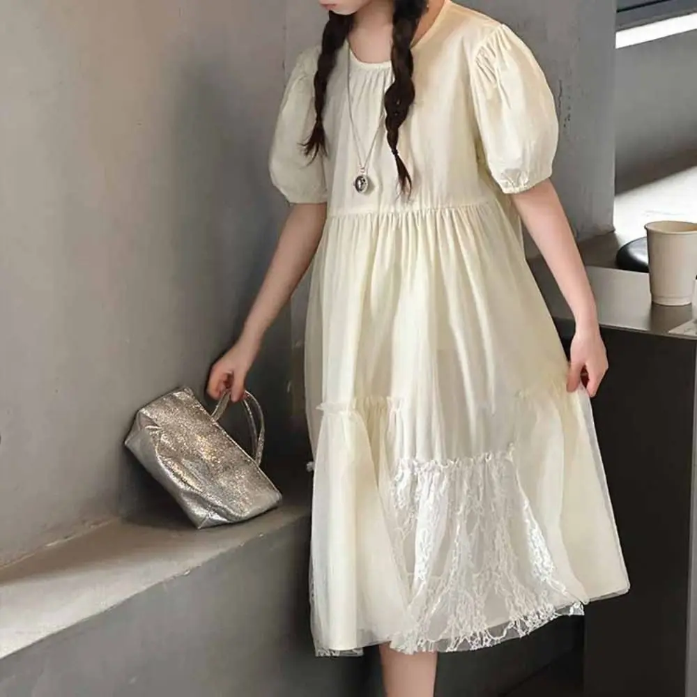 

Fashion Loose Girls Puff Sleeve Dress Lace Pleated Summer Kids Dresses Party Teenagers Children Princess Dress Beach