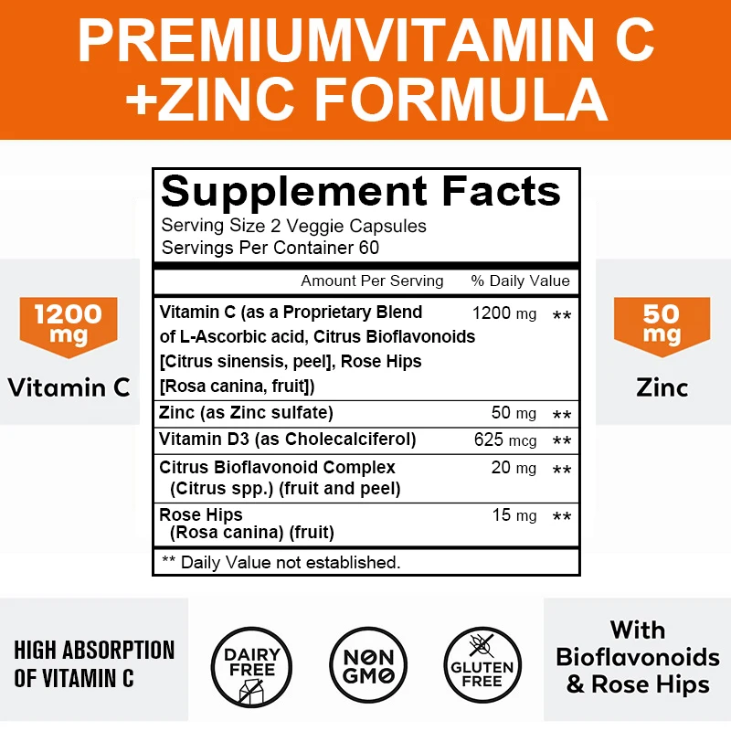 1200 Mg Vitamin C Capsules - with Zinc - Immune System and Collagen Booster, Non-GMO and Gluten-Free Vegetarian