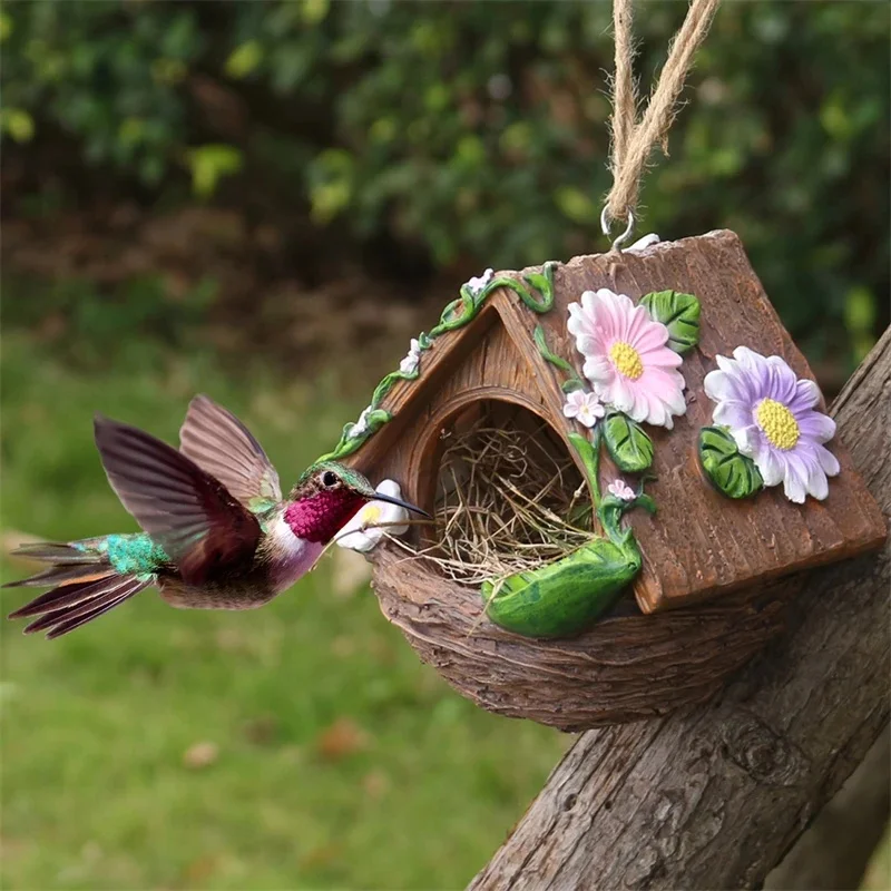 Hand Painted Hanging Resin Bird House Hummingbird Feeder Flower Decor Imitation Wood For Outdoor Garden Patio Bird Lovers Gift