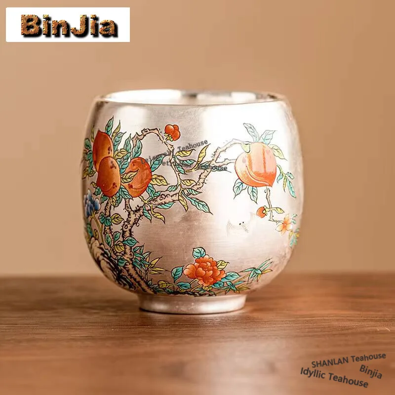 120ml Handamde 999 Gilded Silver Ceramic Teacup Zen Longevity Peach Master Cup Meditation Cup Tasting Tea Bowl Kung Fu Teaware
