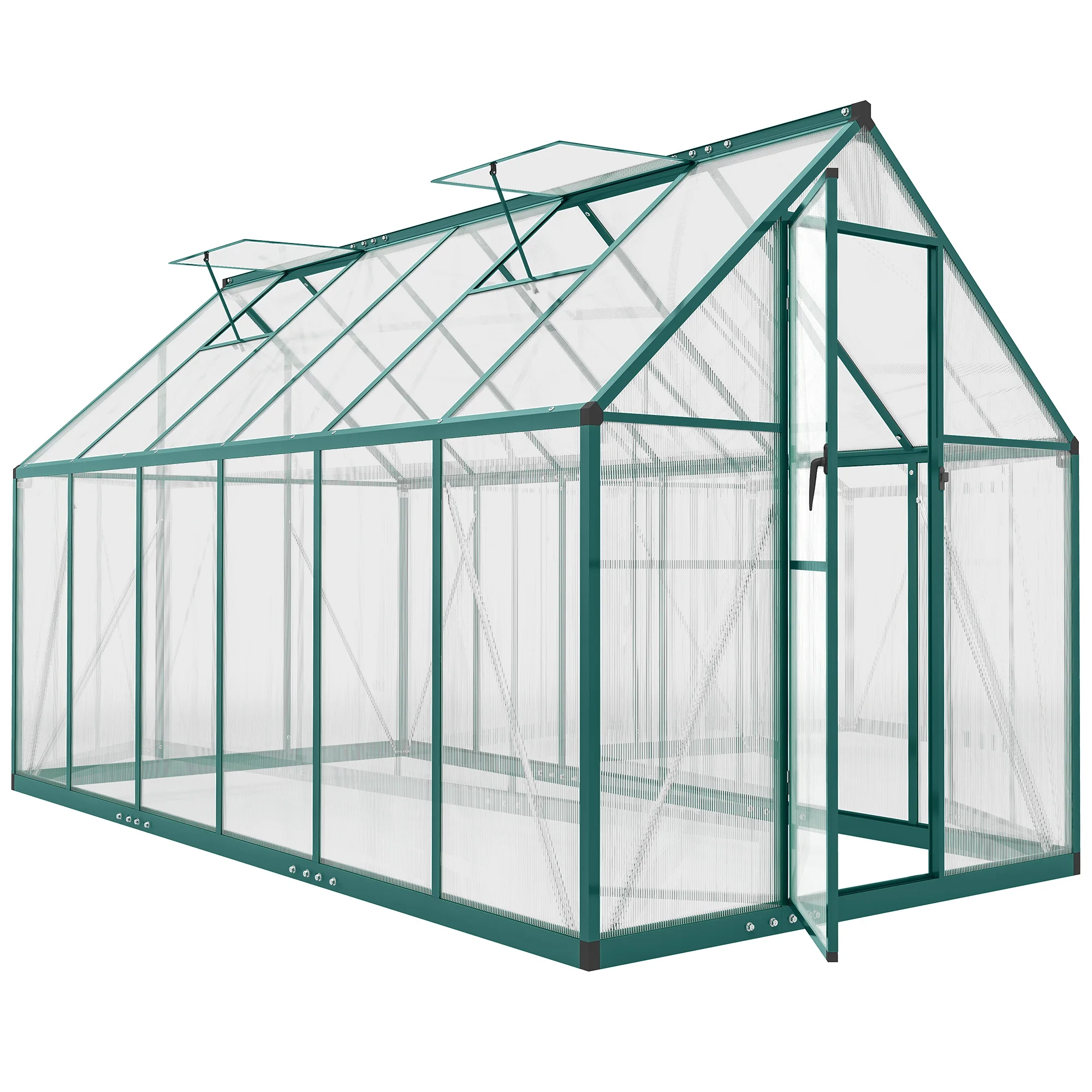 Polycarbonate Greenhouse with Swing Door, Aluminum Walk-in Greenhouse