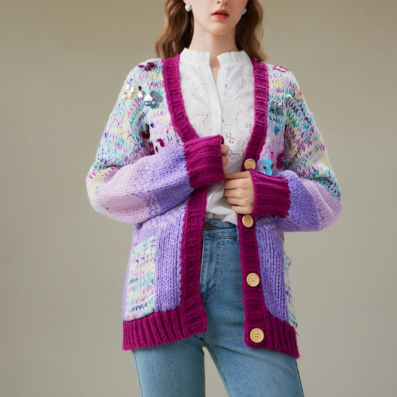 Sequins Flowers Loose Hand Knitted Women Cardigan 2023 Autumn/Winter New in V-neck Colour Stripe Jumper Top with Pocket