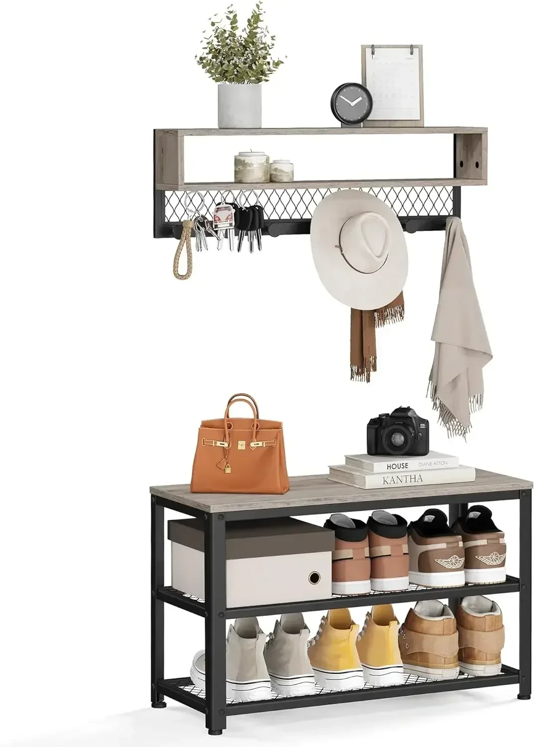 Coat Rack Shoe Bench Set, Hall Tree with Bench, Entryway Furniture, Multifunctional, Dot Coat Hooks, 2-Tier Shoe Rack