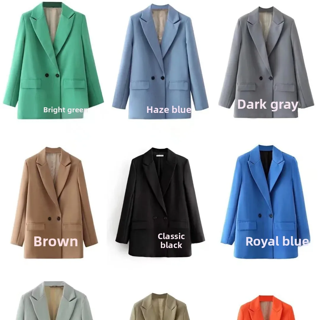 

Spring Autumn Simple Loose Double-breasted Women's Suit Jacket Leather Full Sleeve Regular Fit Pure Color Pocket Design