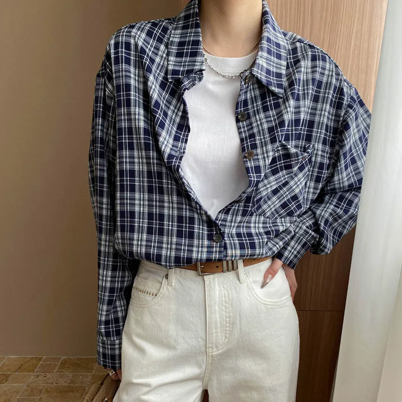 HKSH 春秋の新女性シャツコントラストカラーチェック柄デザインターンダウン襟長袖ポケット Y2K トレンディカジュアルトップ HK11027