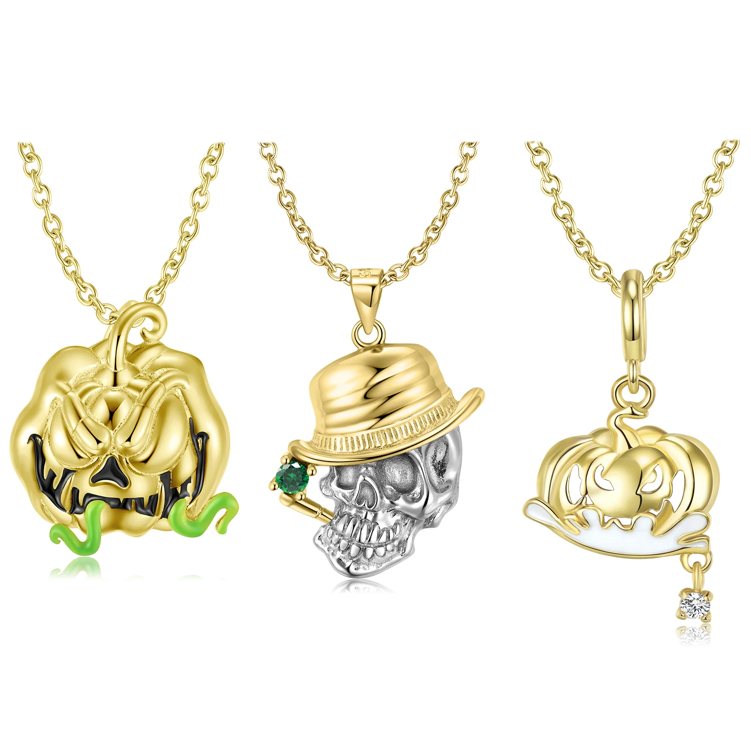 Jiuhao Gold Smoking Skull Evil Pumpkin Pendant for Women 925 Sterling Silver Necklace Jewelry Ball Party Halloween Gift