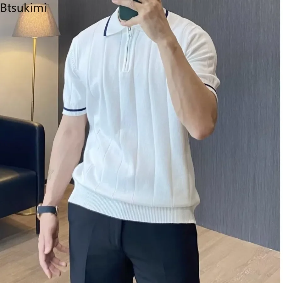 2026 Vintage High Quality Knit Tops for Men Summer Fashion Half Zip Lapel Short Sleeve Pullover Men Business Casual Polo Shirts