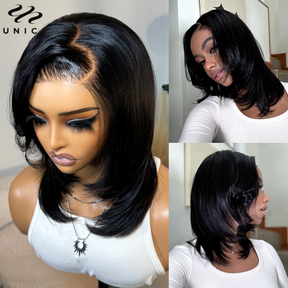 

UNice Heart Shaped Parting 7X5 Lace Wig Short Straight Human Hair Wig With Side Bangs Pre Cut Pre Bleached Wear Go Glueless Wigs