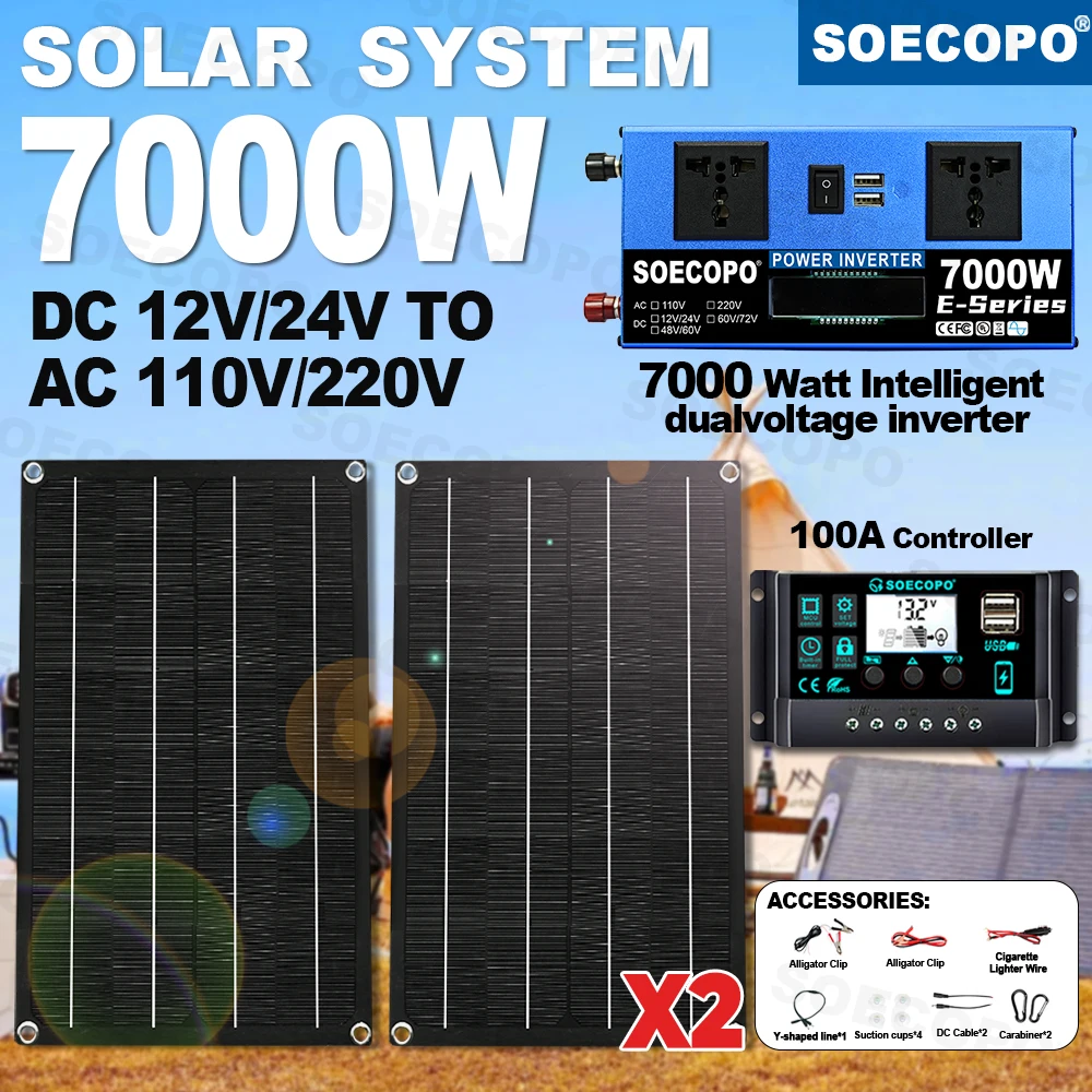 

Full Solar System Kit SOECOPO 7000W 2×600W Panels Dual voltage Inverter 12V/24V To 110V/220V 100A Controller for Home Camping RV