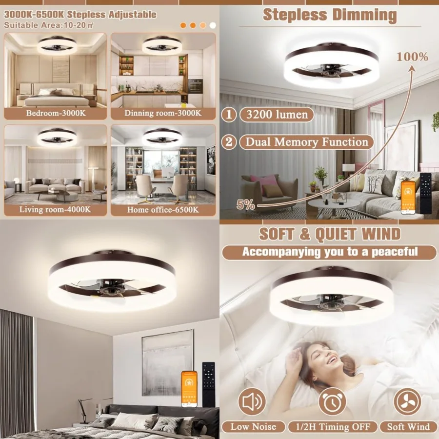 Low Profile Ceiling Fans with Lights and Remote, 15.7in Modern Ceiling Fan Flush Mount, 3000K-6500K Dimmable Bladeless LED Fan