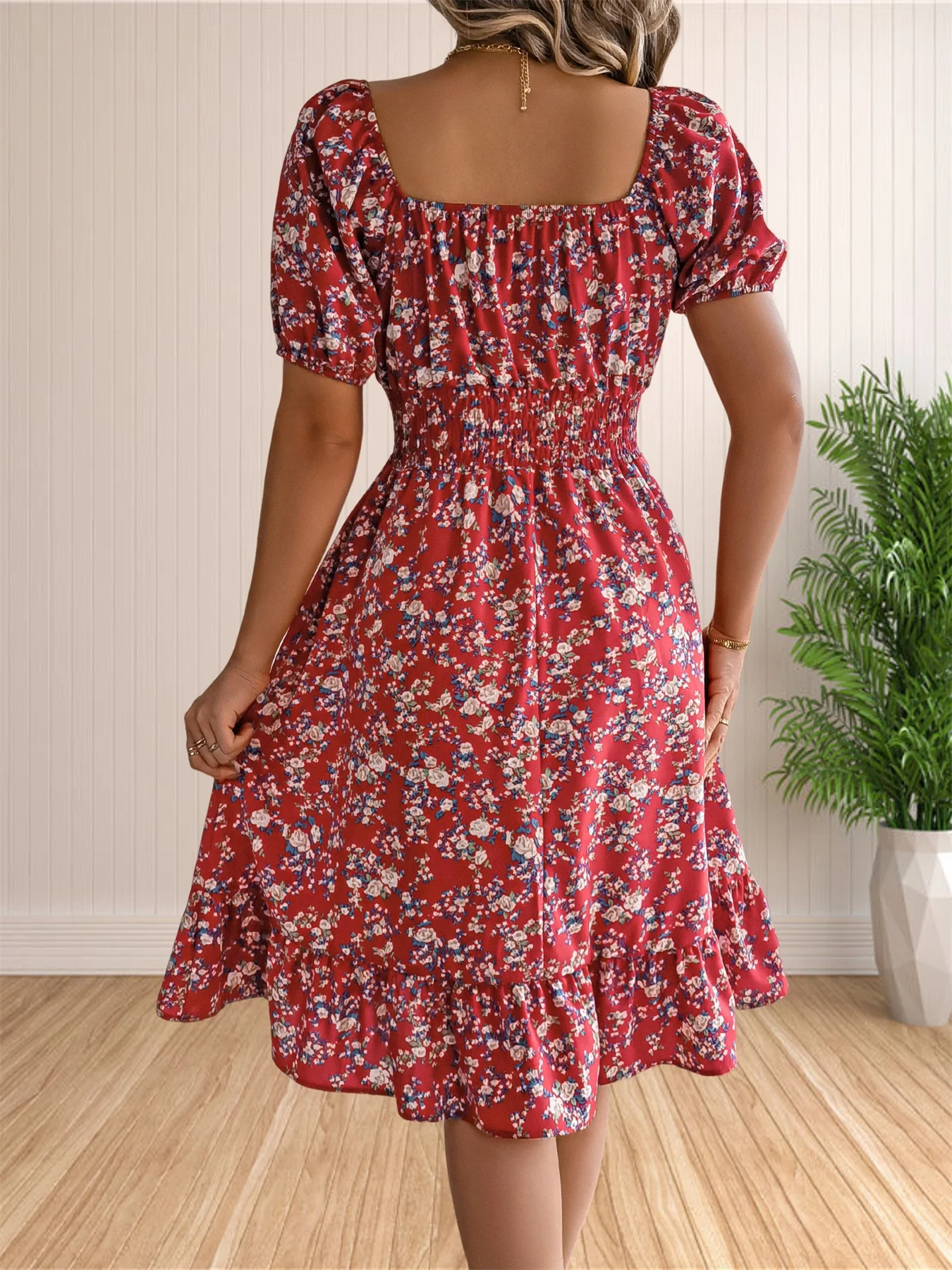 Women\'s Floral Print Square Neck Puffy Short Sleeve Casual Summer Ruffle Swing Dresses