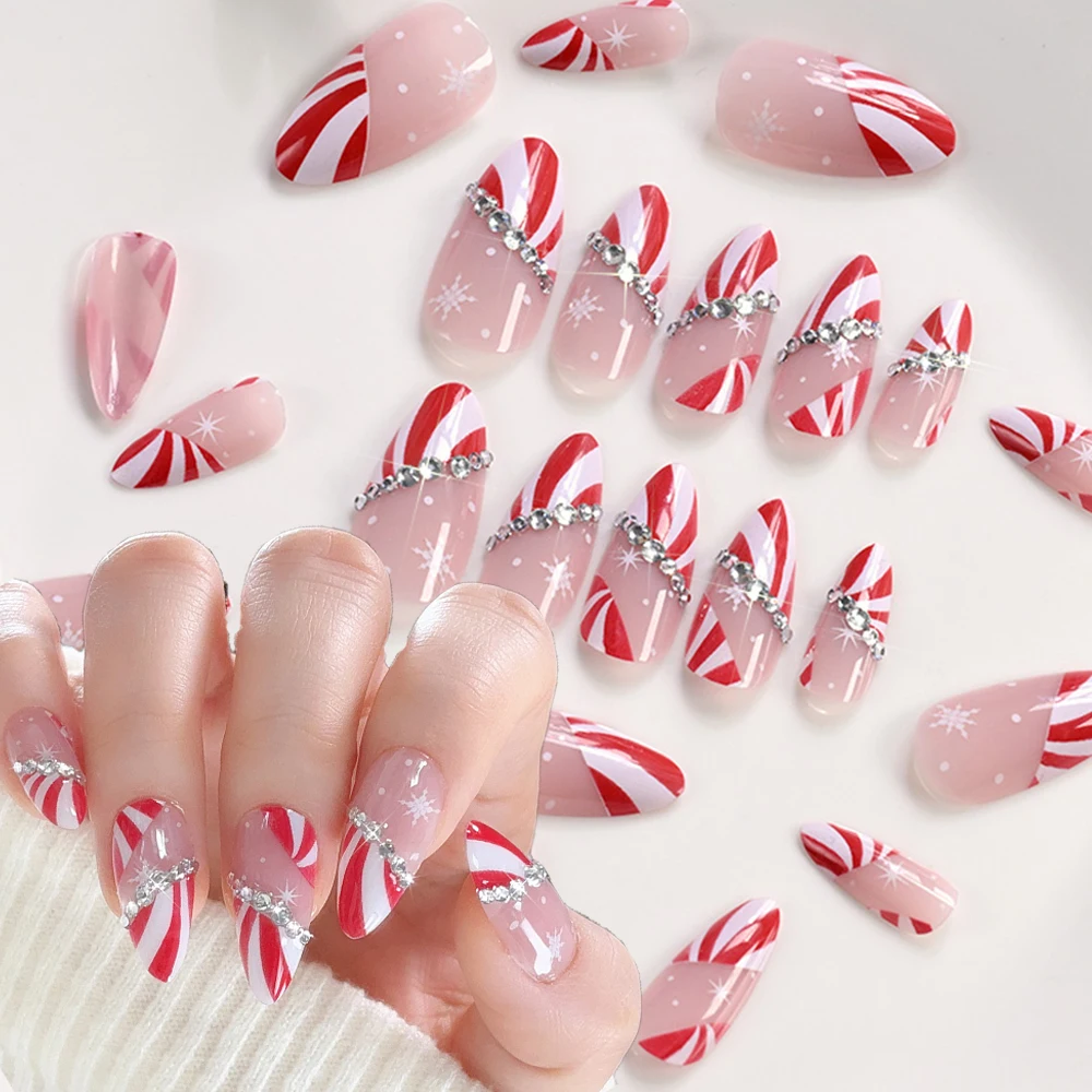 24 szt. Czerwone Paznokcie Sztuczne w Stylu Francuskim Almond z Motywem Świątecznym, Ozdobione Śnieżynkami i Błyszczącymi Cyrkoniami, Do Wciskania