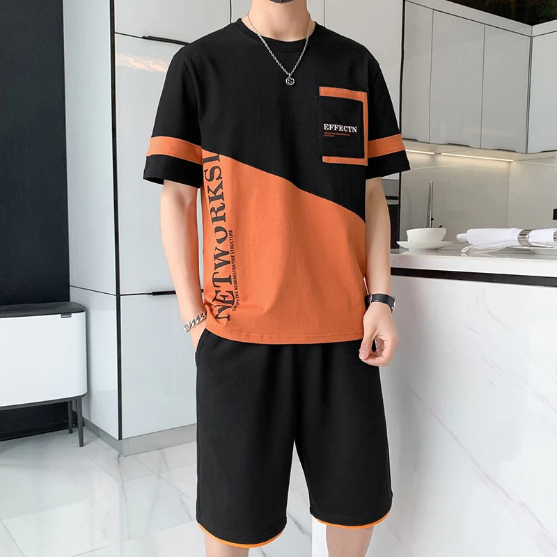 

Fashion 2024 Summer Two Piece Men's Sets Casual Loose Cotton T-Shirt And Shorts Set Outwear Top Tees&Knee-Length Pant Tracksuits