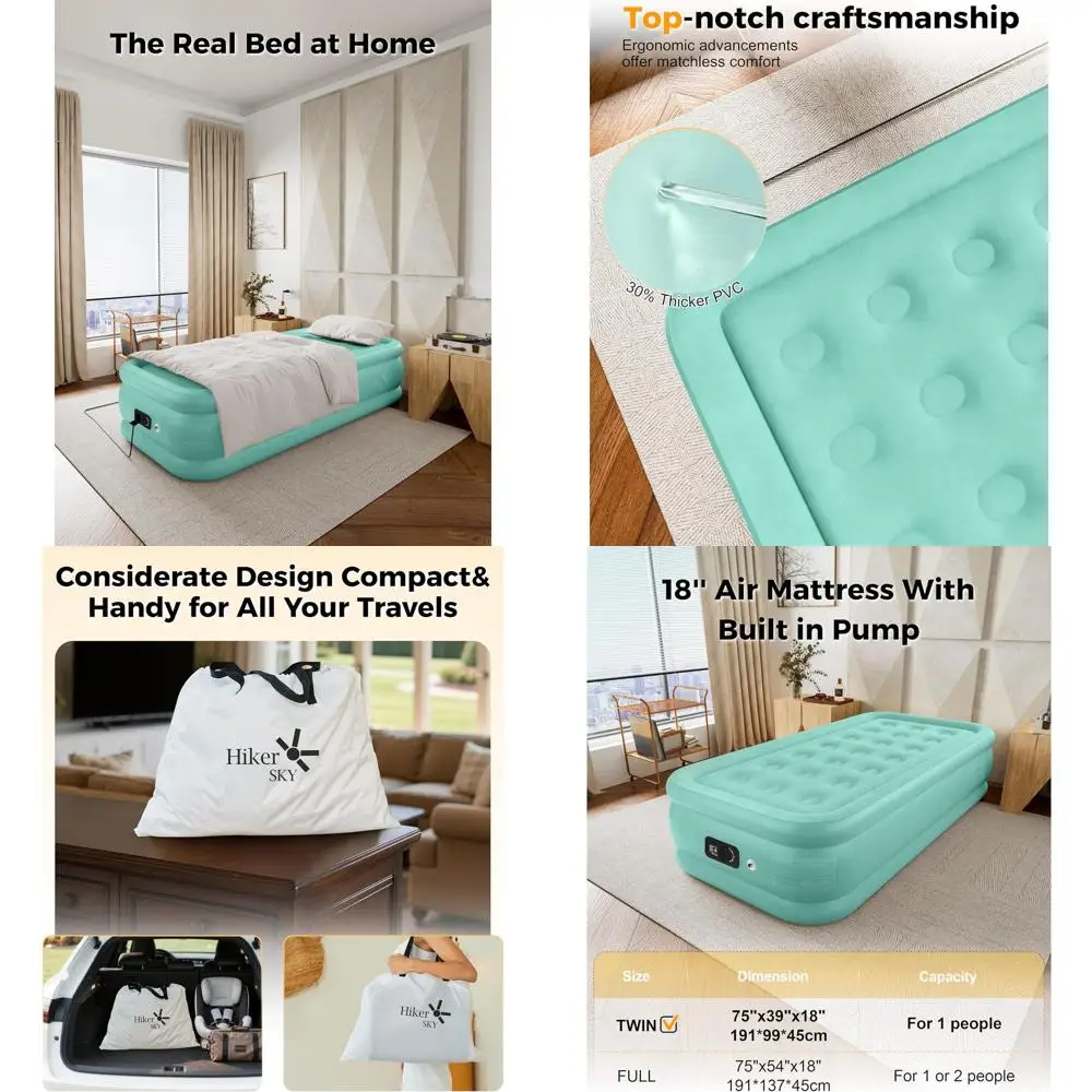 

Портативный надувной матрас Queen с насосом и сумкой для хранения, идеально подходит для дома и отдыха на природе, 18, бирюзовый зеленый