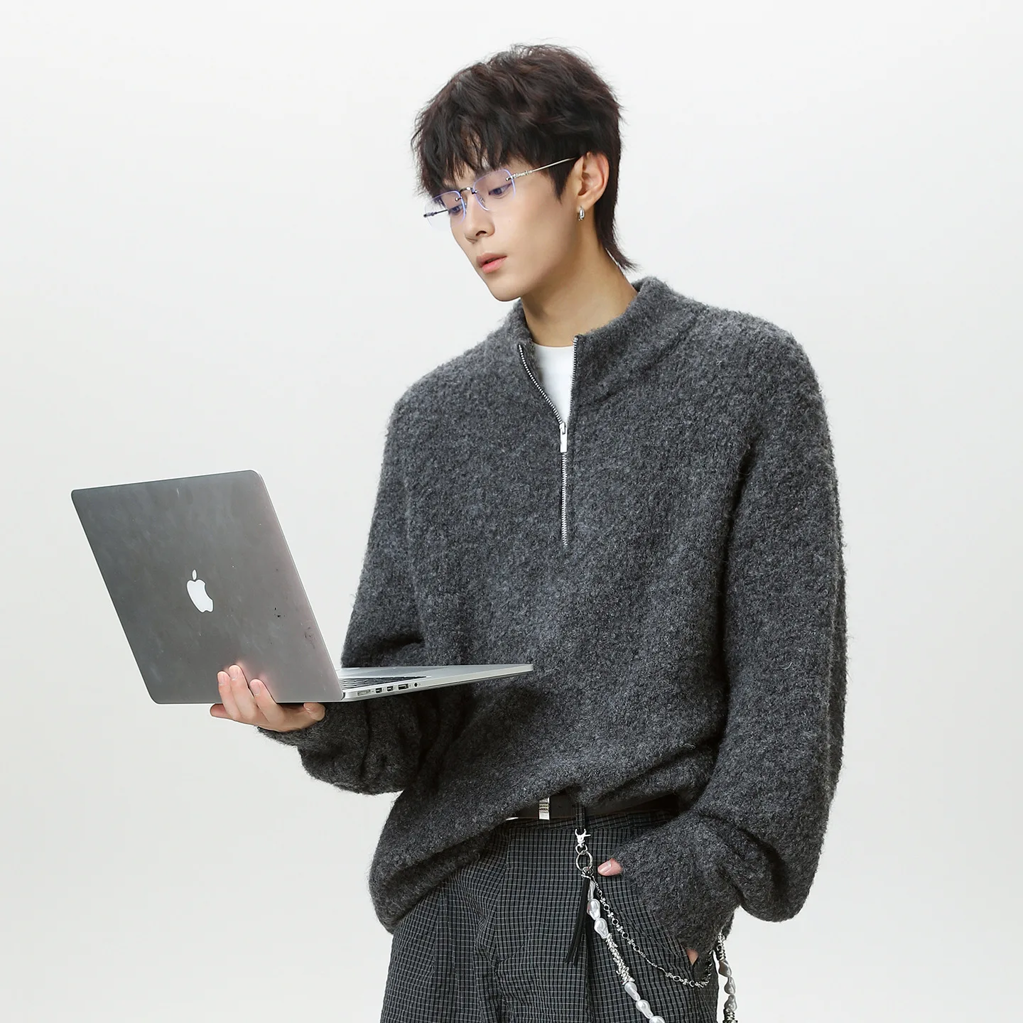 man sweater 2025 Autumn Winter Japanese Style Retro Sweater Men's Half Zip Stand Collar Thick Warm Slouchy Pullover Jacket