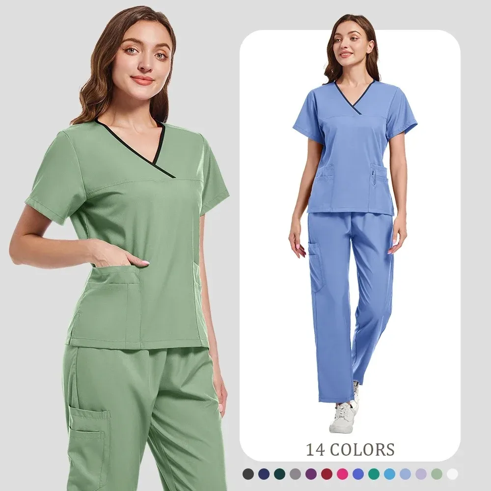 ชุดผ่าตัดสำหรับสัตวแพทย์หญิง ชุดยูนิฟอร์มสัตวแพทย์ ชุดยูนิเซ็กซ์สีพื้น ชุดคลุมมีกระเป๋า คอวี ทรงจ็อกเกอร์