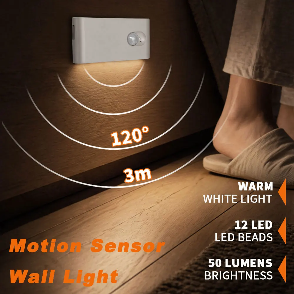 

Motion Sensor Night Light Warm White Rechargeable LED Wall Lamp Magnetic Stick On Stair Light for Hallway Closet Bedroom Kitchen