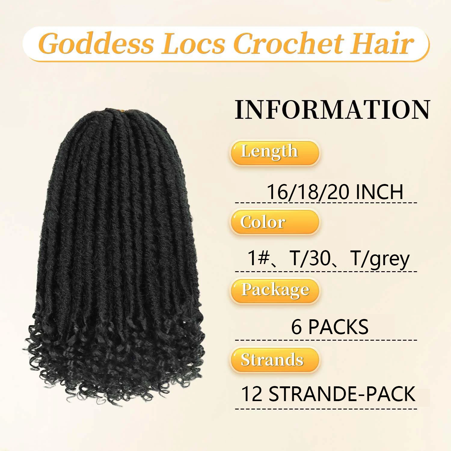 6 Pcs Goddess Faux Locs Pre‑Looped Crochet Hair 16 Inch Synthetic Dreadlocks Hair Extensions For Women, Daily, Party Use
