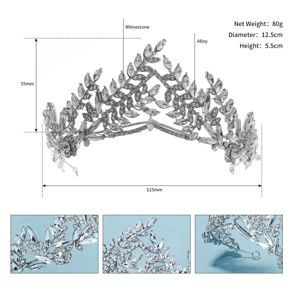 Vintage Silver Leaf Crystal Tiara Rhinestone Bridal Crown Wedding Hair Accessories for Women Prom Evening Party Gatsby Headpiece view 6