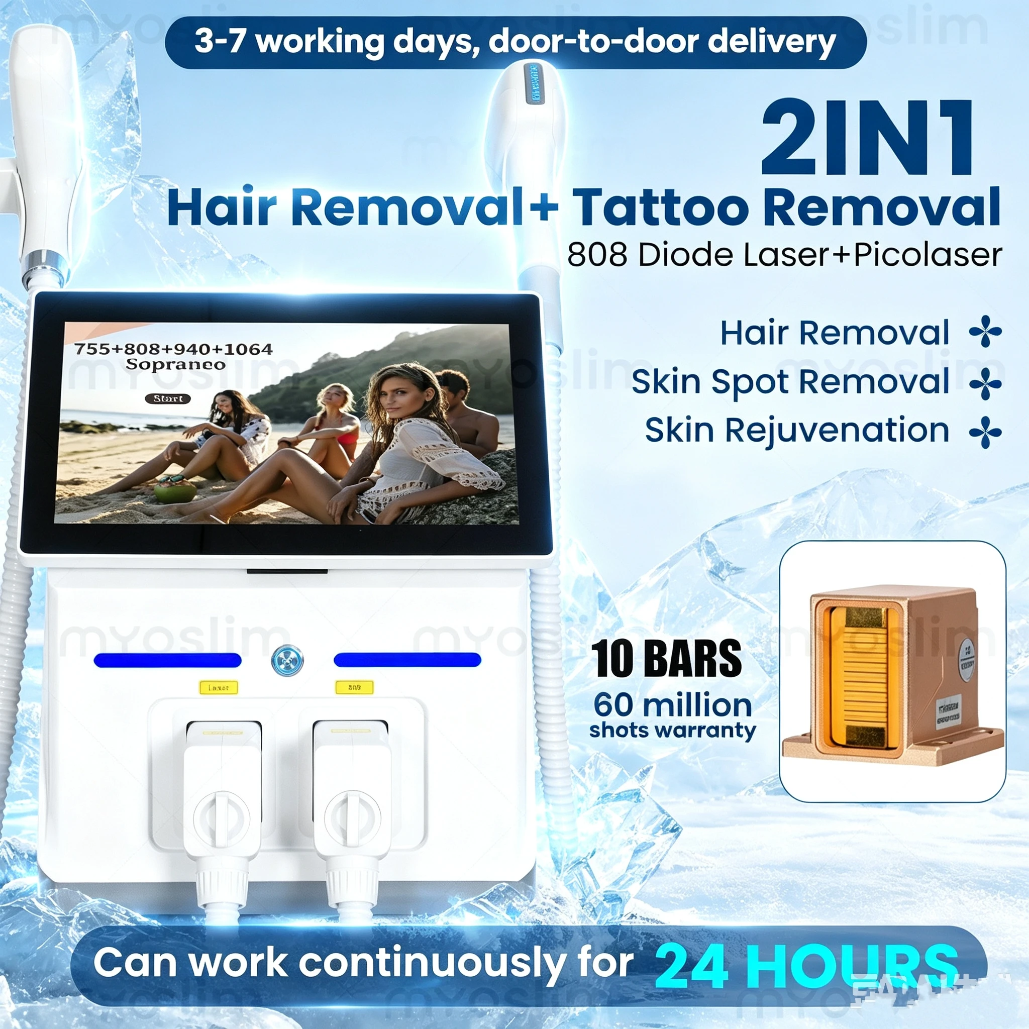808 Lase Hair Removal 2In1 FAC Myoslim 10Bars Diode Machin Picosecond Tattoo Removal Machine 4Wavelength Skin Rejuvenation