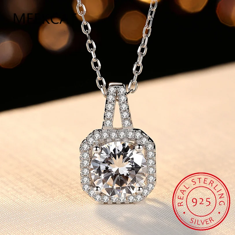 Full Moissanite Square Pendant Necklace Center 1CT Round Cut Diamond Emerald Cut Halo Design Necklace 14K Plated Silver Jewelry