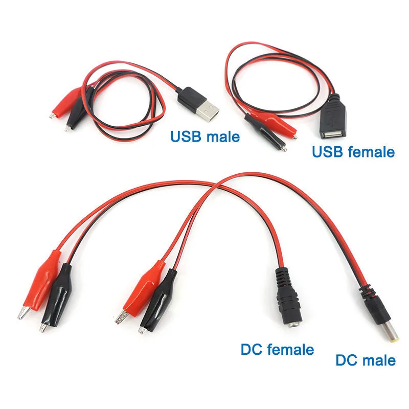red black Alligator Cilps to USB DC Male Female 5.5MM cable Plug Test Lead Jumper Wire Crocodile Clip Probe connector Adapter P1