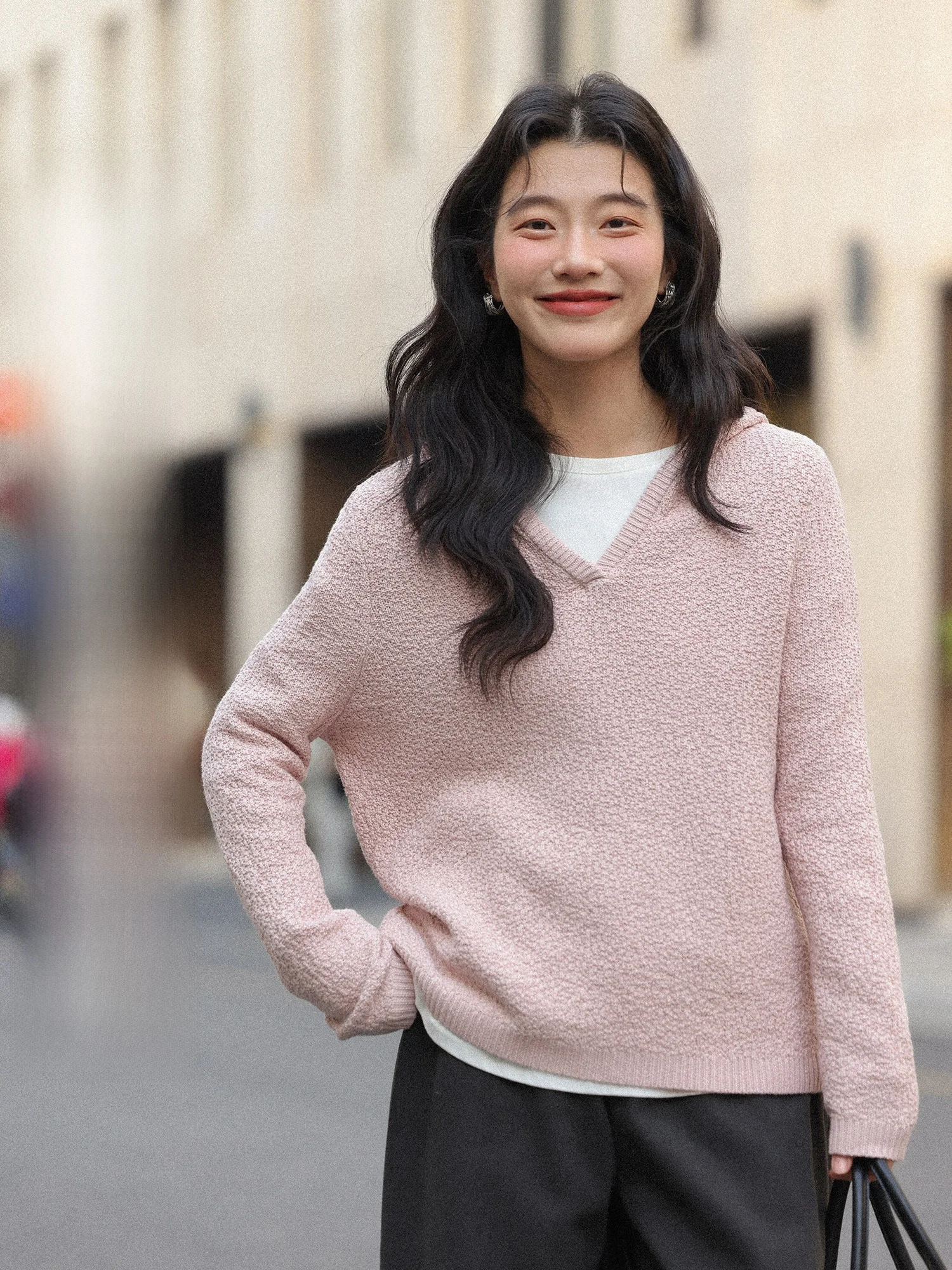 

Женская шерстяная толстовка с капюшоном из тонкой шерсти, розовая, зимний свитер, повседневный свободный крой, длинный рукав, от Mixd