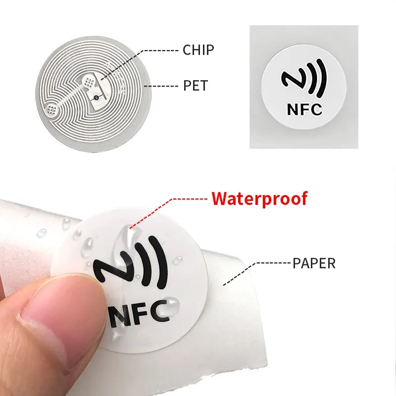 สติกเกอร์ป้ายเปียก NFC 6ชิ้น Ntag213 144ไบต์13.56MHz ISO14443A ntag 213ชิป RFID ป้ายติดกาวสำหรับโทรศัพท์ NFC 6สี