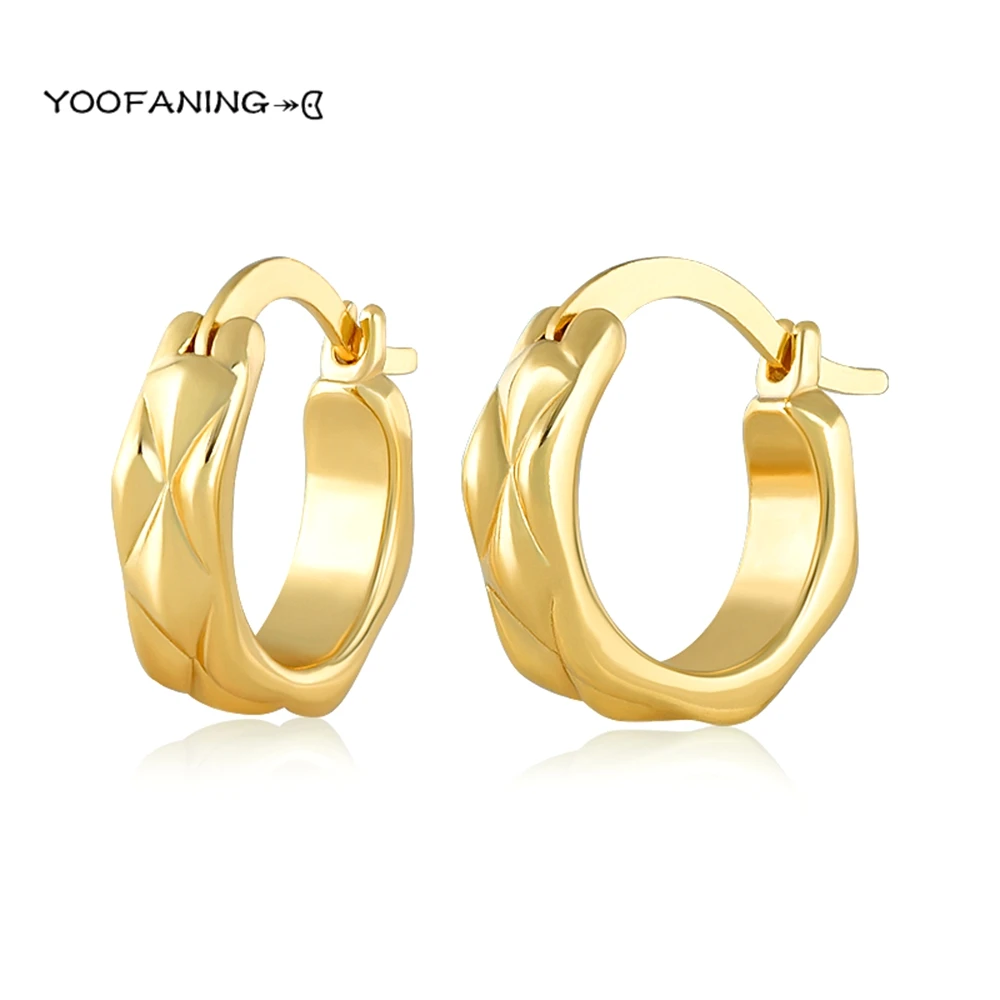 925 Sterling Silver Ear Needle High Grade Simple Gold Hoop Earrings Metal Feeling  Plaid Pattern Exquisite Earrings for Women