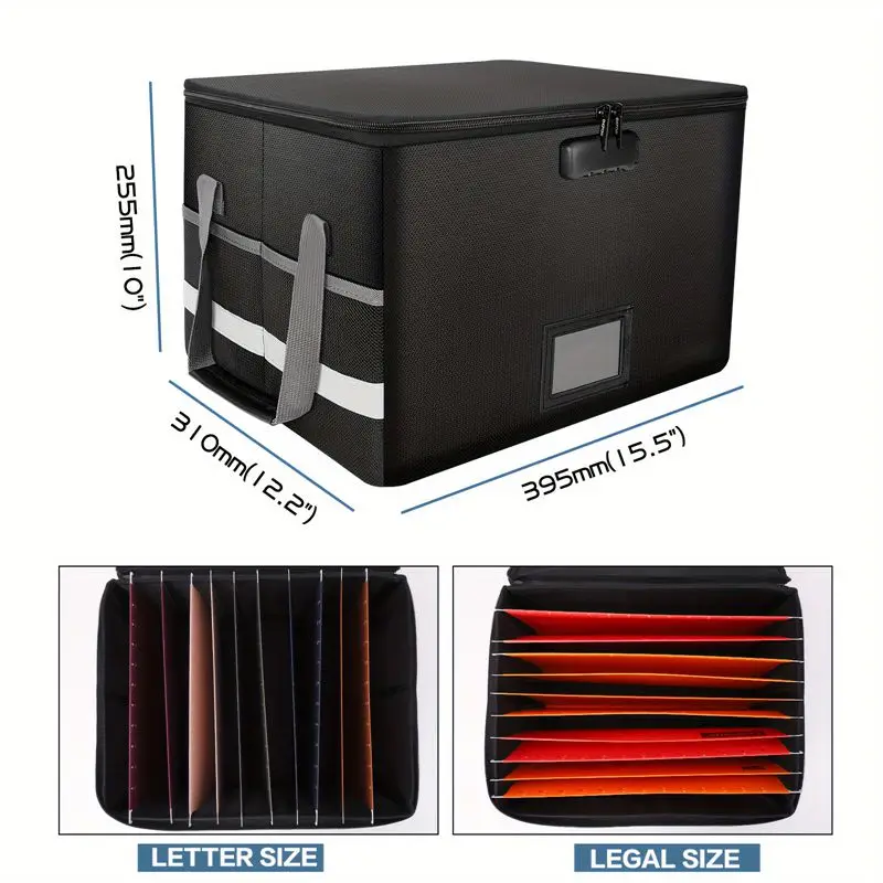 Fireproof Waterproof File Organizer Large Capacity Black Foldable Storage Box with Handle Zipper Combination Lock