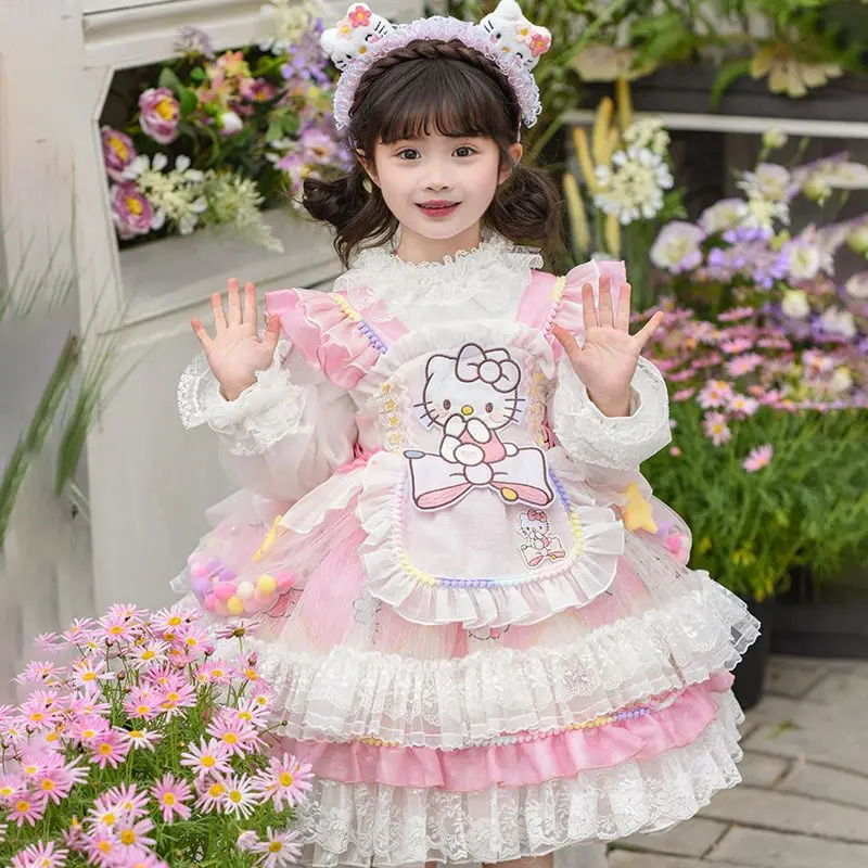 Sanrio Girls Princess Dress Children's Cake Dress Cute Hello Kitty Birthday Fairy Tale Cartoon Skirt Anime Suit