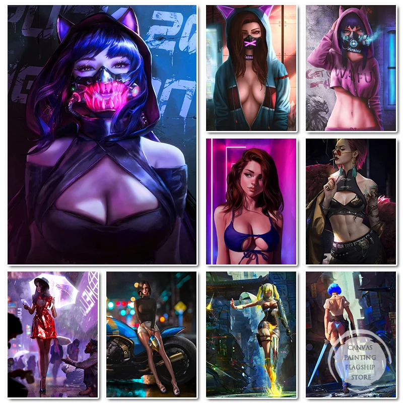 Anime Sexy Girl Canvas Paintings Cyberpunk Mask Beauty Posters Prints Comic Character Wall Art Pictures Bar Room Home Decoration