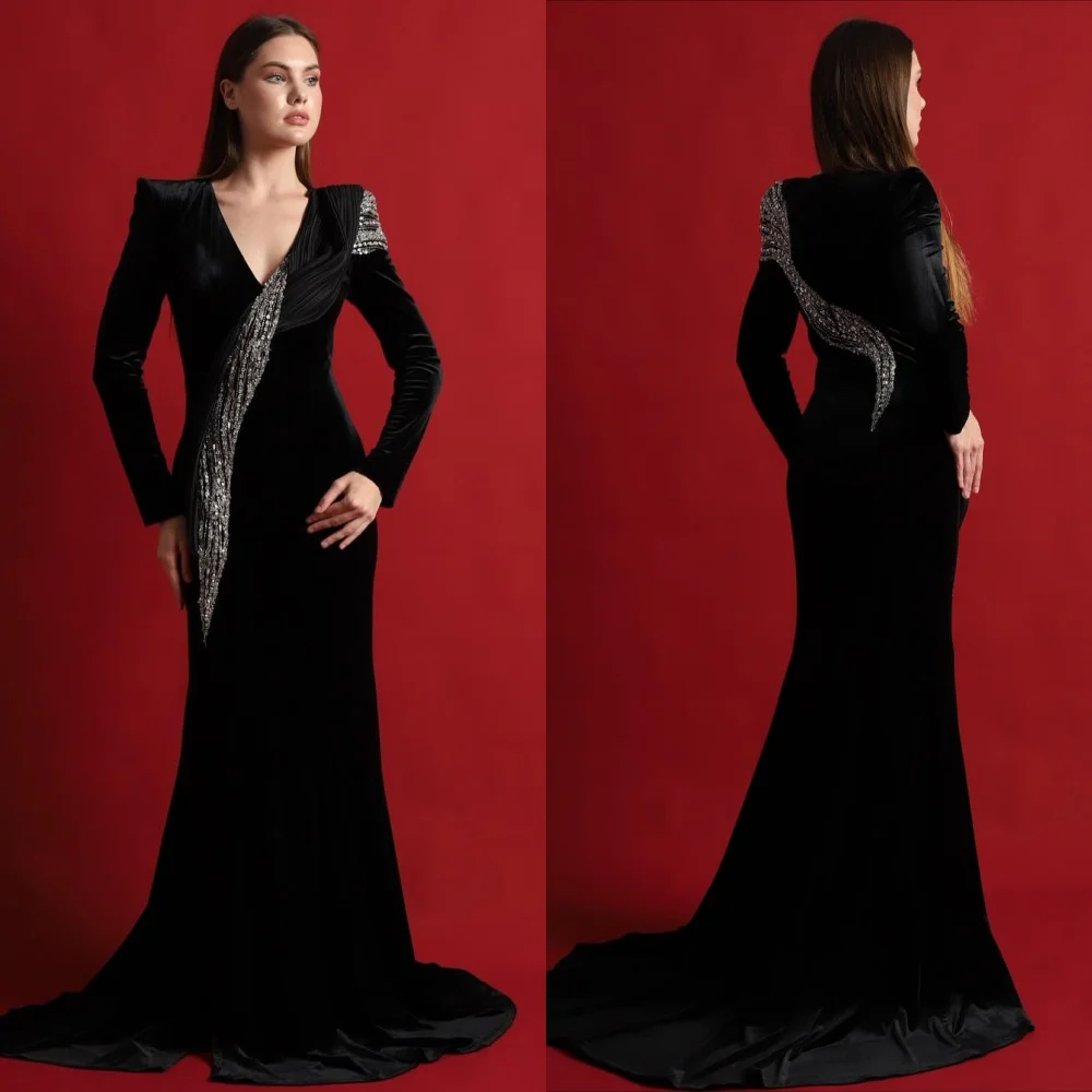 

Customized High Quality Velour Sequined Mermaid V-neck Long Dresses Bespoke Occasion Homecoming Fashion Exquisite