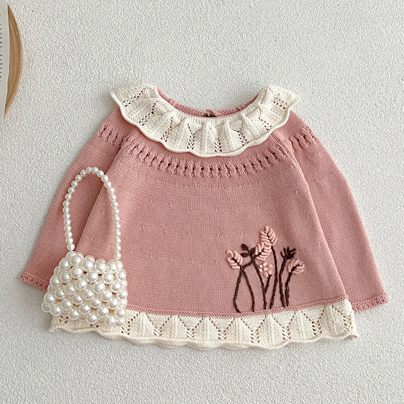 

2024 New Autumn Toddler Baby Girl Knitting Pullover Newborn Baby Girls Sweater Long Sleeved Floral Embroidery Kids Sweater