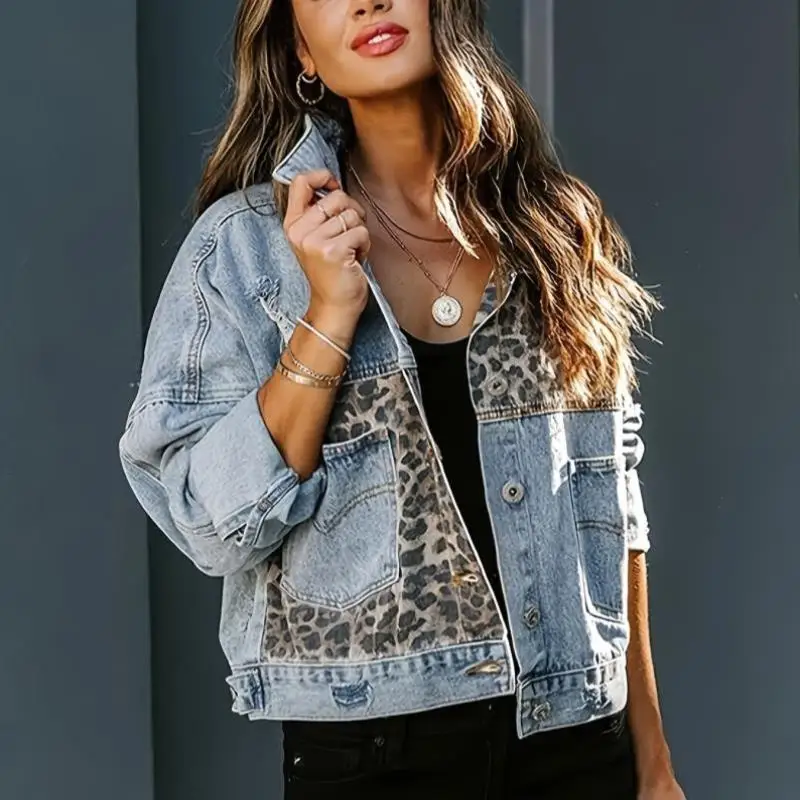 

Новая женская джинсовая куртка с леопардовым пэчворком, приталенная, с рукавами 3/4, из искусственной кожи, летняя коллекция