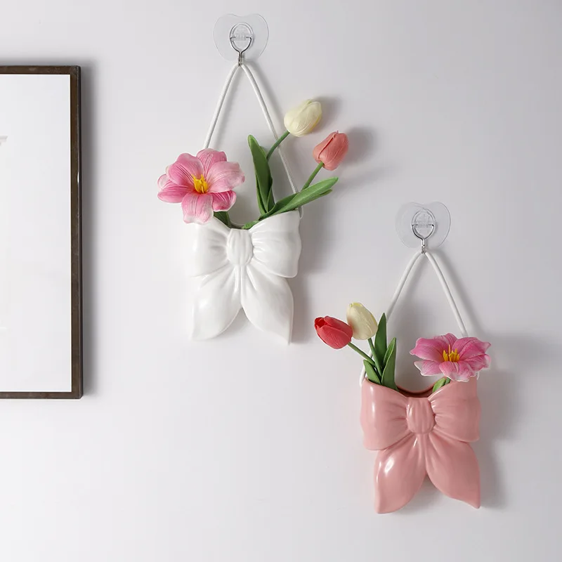 Ceramic Bow Vase Living Room Study Home Wall Hanging Flower Decorative Interior Door Wall Flower Bouquet Ornament for Decor Use