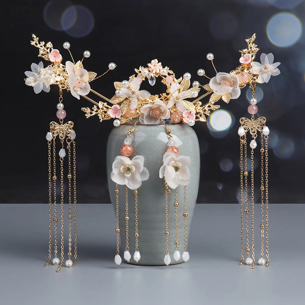 

3pcs Flower Tassel Bun Pin Chinese Vintage Styling Tools For Wedding Daily Wear Long Tassel Stick Elegant Accessories Women Hair