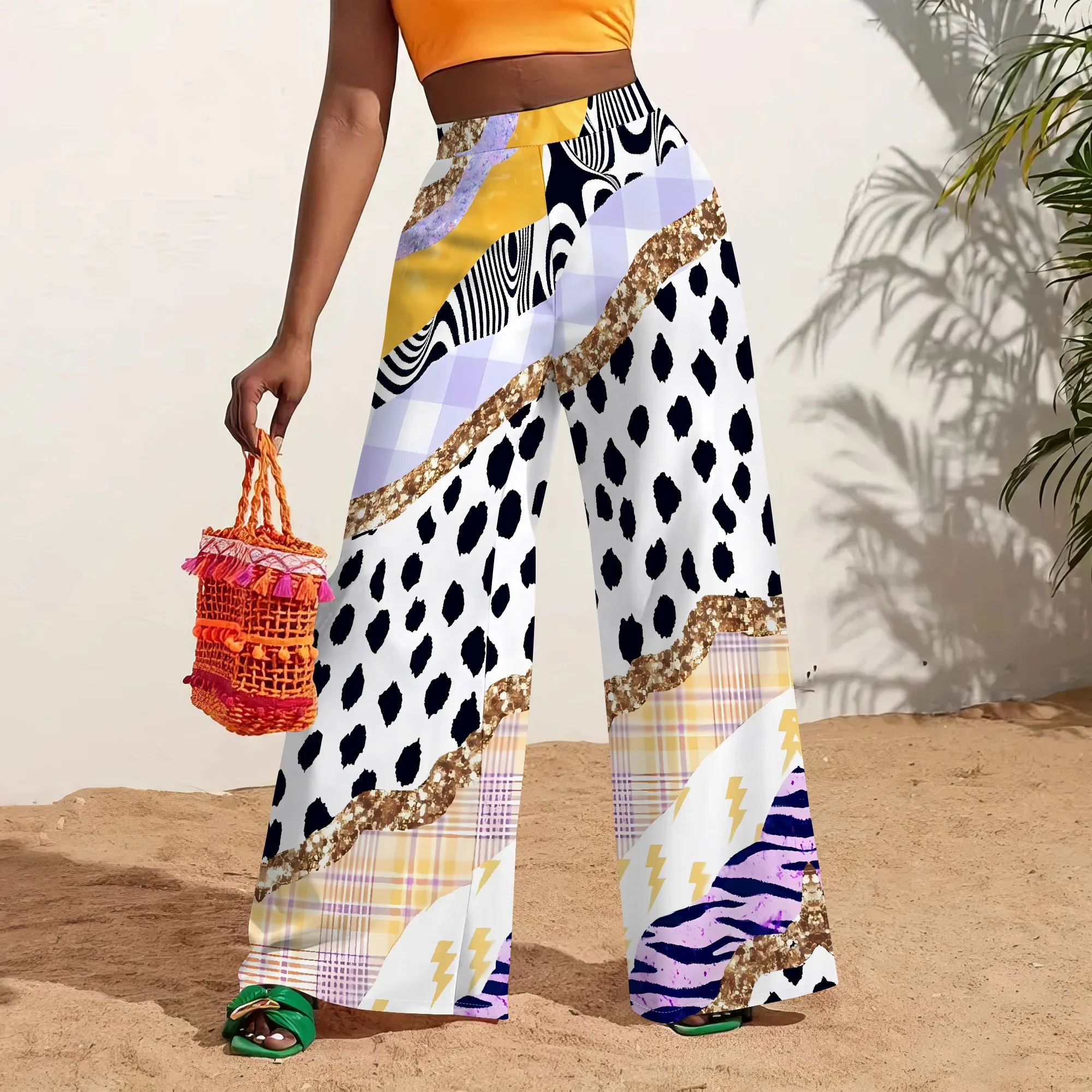 Patchwork Print Wide Leg Pants for Women Leopard Plaid Striped Mix Trendy High Waist Look