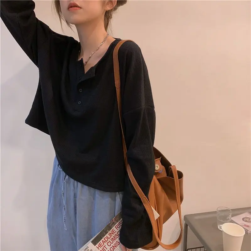 เสื้อยืดแขนยาวผู้หญิงเสื้อผ้าฝ้ายเรียบง่ายทรงหลวมผ้ายืดขนาดใหญ่สบายนุ่มทุกวันฤดูใบไม้ร่วงย้อนยุค