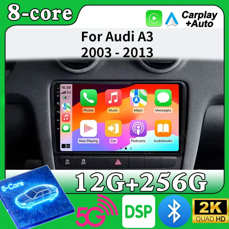 Android 15 For Audi A3 8P 2003-2013 Carplay Auto 2din Multimedia Player GPS Navigation Audio Stereo DSP Camera 5G BT Car Radio