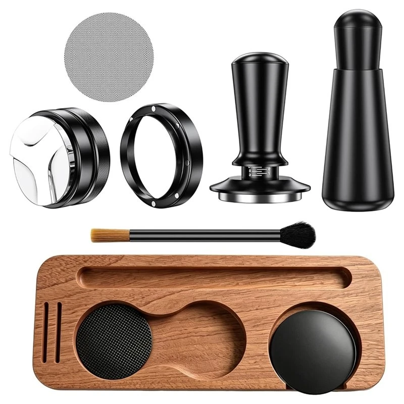 HLZS-Wooden Tamping Station With 51Mm Espresso Accessories- Tamper, Distributor, WDT Tool, Dosing Funnel, Milk Pitcher Kit