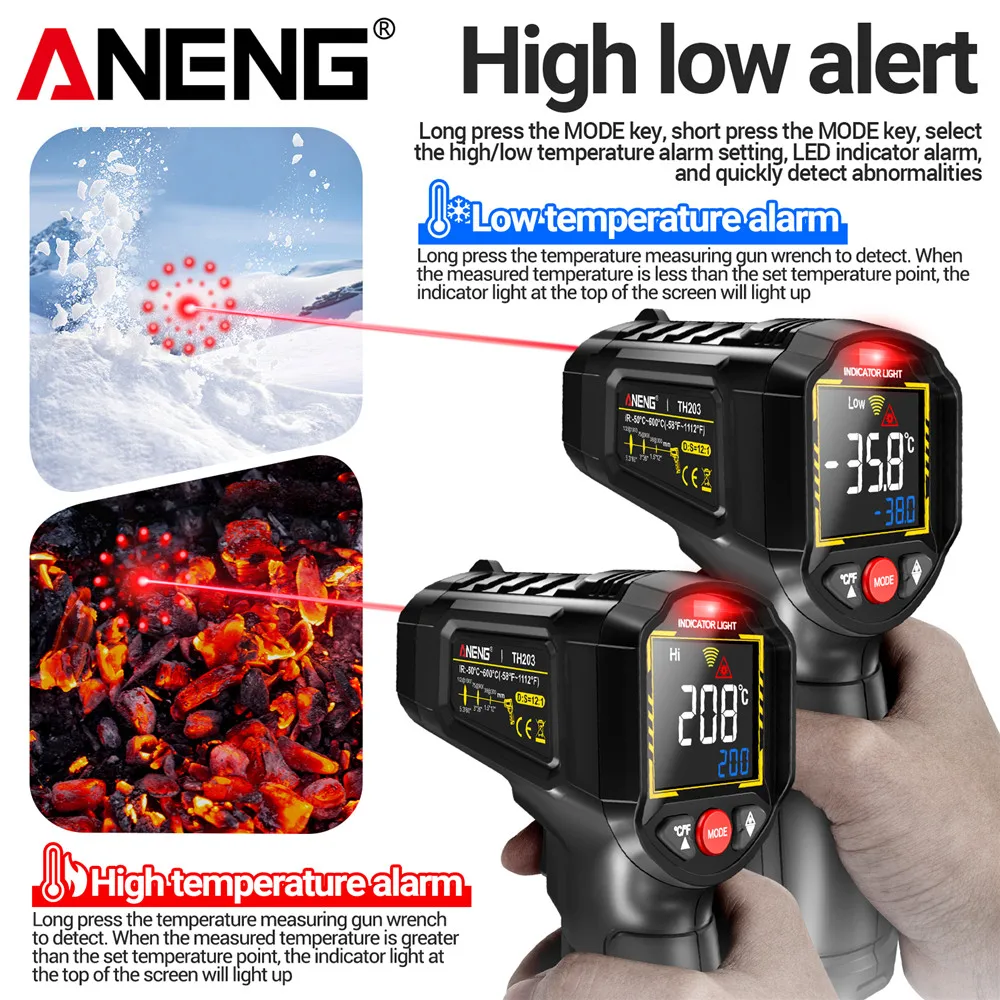 ANENG Smart Temperature Gun TH203 Industrial Infrared Thermometer Tester Meter -50 ~ 600 ℃ Pyrometer Tools