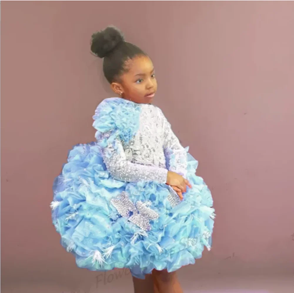 

Shiny Sequined Blue Flower Girl Dress Long Sleeves Puff Ruffles Mini Dresses For Wedding First Communion Birthday Gowns